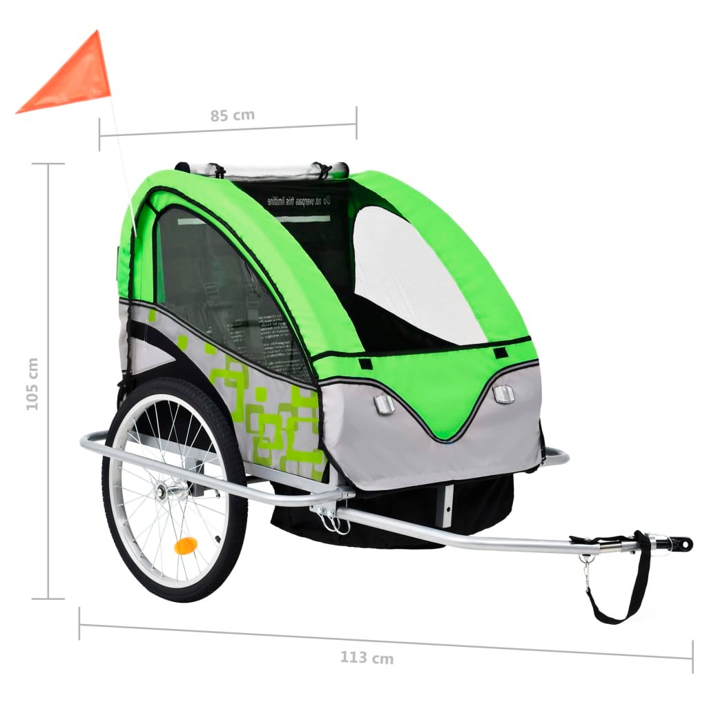 2-in-1 Kids Bicycle Trailer & Stroller Green and Grey